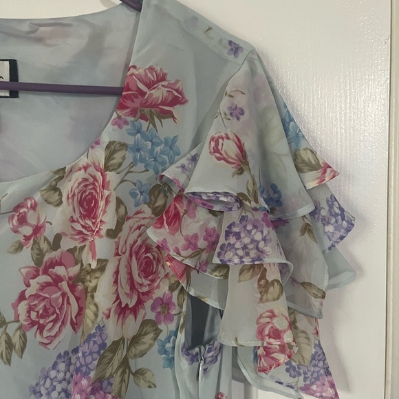 Mary McFadden floral print long midi blue ruffle sleeve  dress size 12 - Picture 5 of 7